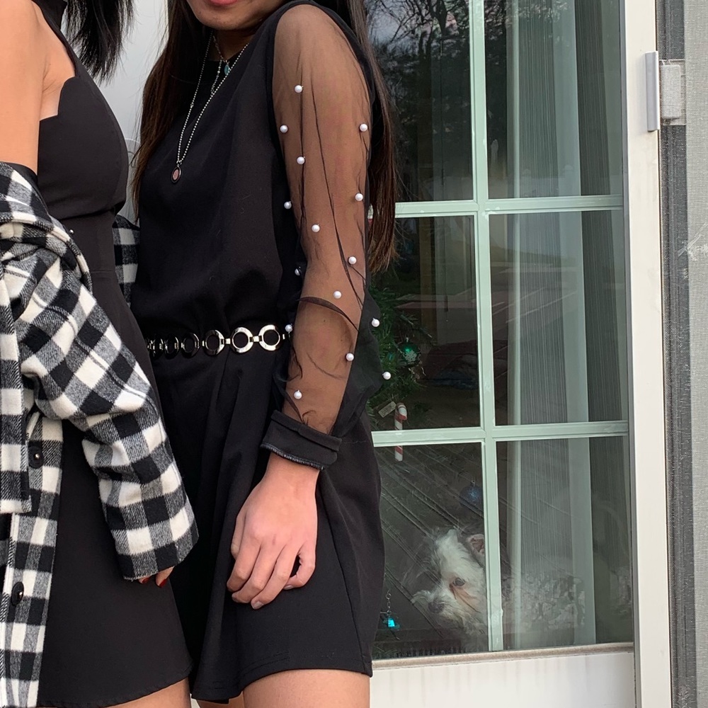 Pearl Beaded Sleeve Shift Dress | SHEIN